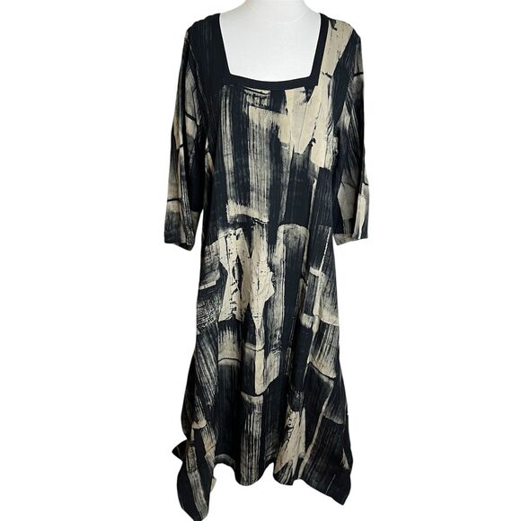 Lyng Designs Dress Womens L Black Tan Abstract Square Neck Lagenlook Oversize - Picture 1 of 12